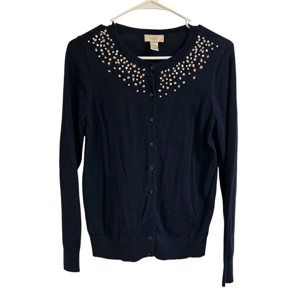LOFT Women’s Size Sm Navy Blue Embellished Jewel Beaded Cardigan Button Sweater - Picture 1 of 8